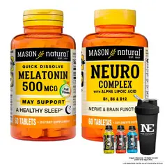 Mason Natural - COMBO VITAMINAS MASON- MELATONINA+ NEURO COMPLEX CON ÁCIDO ALFA LIPOICO +SHAKER
