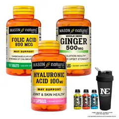 Mason Natural - COMBO MASON- ÁCIDO FÓLICO 800MCG +GINGER KION 500MG +ÁCIDO HIALURÓNICO+SHAKER
