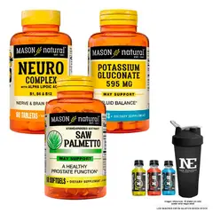 Mason Natural - COMBO VITAMINAS MASON- NEURO COMPLEX+ GLUCONATO DE POTASIO +SAW PALMETTO+SHAKER
