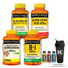 Mason Natural - COMBO MASON-VITAMINA A 10000UI+ÁCIDO ALFA LIPOICO+ASHWAGANDA+VITAMINA B1+SHAKER