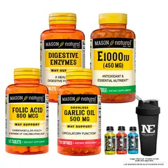 Mason Natural - MASON- ENZIMAS DIGESTIVAS+VITAMINA E-1000UI+ ÁCIDO FÓLICO+ ACEITE DE AJO+SHAKER