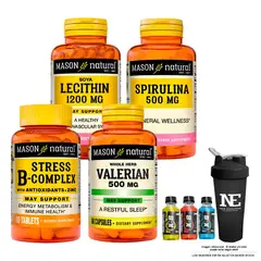 Mason Natural - COMBO MASON-LECITINA DE SOYA+ESPIRULINA+STRES FORMULA B-COMPLE+VALERIANA+SHAKER