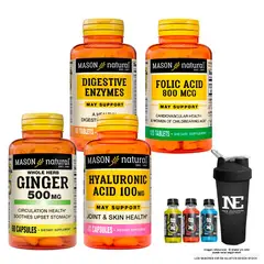 Mason Natural - COMBO MASON- ENZIMAS DIGESTIVAS+ ÁCIDO FÓLICO+ GINGER+ ÁCIDO HIALURÓNICO+SHAKER