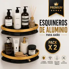 GENERICO - Pack x2 Esquineros Para Baño de Aluminio con Adhesivo de Alta Resistencia - Negro y Dorado