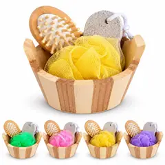 GENERICO - Set de Baño Spa de Madera 4 en 1 Cepillo de Masaje Piedra Pómez y Malla Color Aleatorio