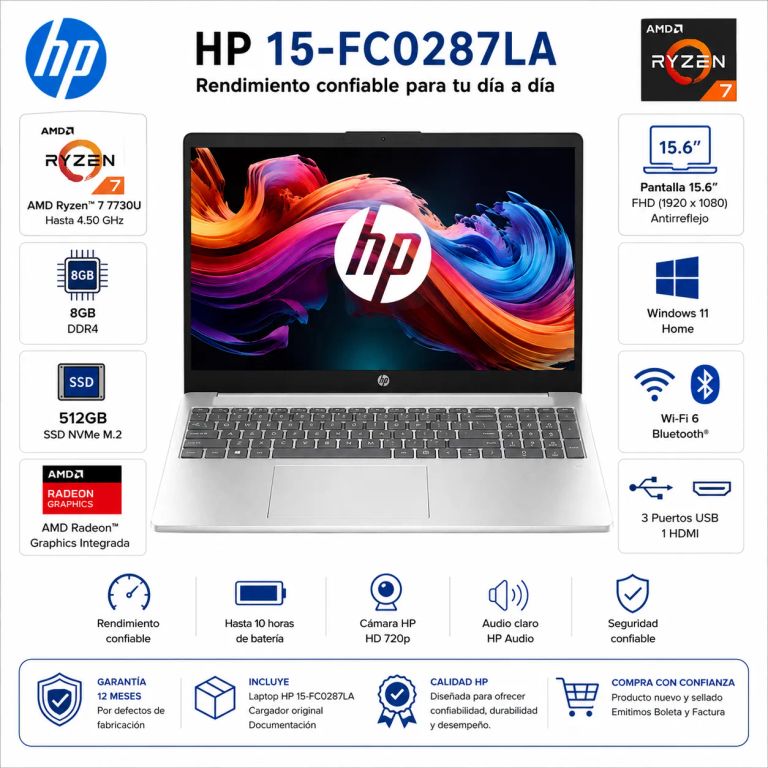 Laptop 15-FC0287LA AMD Ryzen™ 7 7730U 8GB RAM 512GB SSD 15.6" Windows 11 Home – C92PXLA