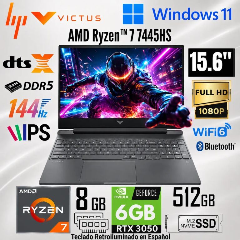Laptop Victus Gaming 15-FB3019la AMD Ryzen 7 7445HS 8GB RAM 512GB SSD RTX 3050-6GB 15.6" FHD