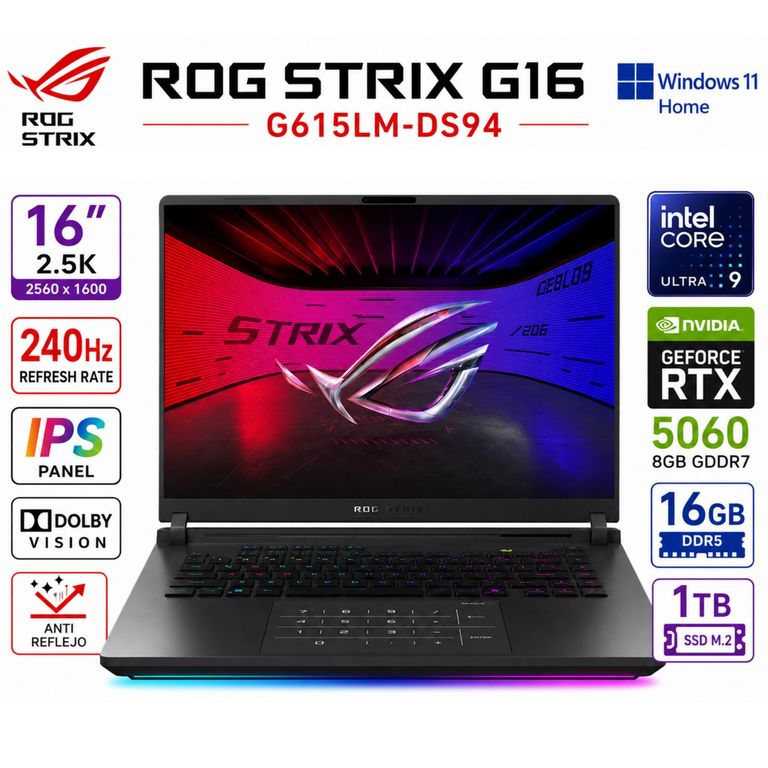 Laptop ROG Strix G16 G615LM-DS94 WQXGA Intel® Core™ Ultra 9 Serie 2 16GB RAM 1TB SSD RTX™ 5060