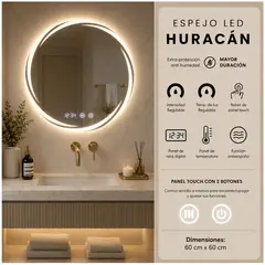 GENERICO - Espejo 60 x 60 cm - Luz de 3 Temperaturas Intensidad Regulable Antiempaño