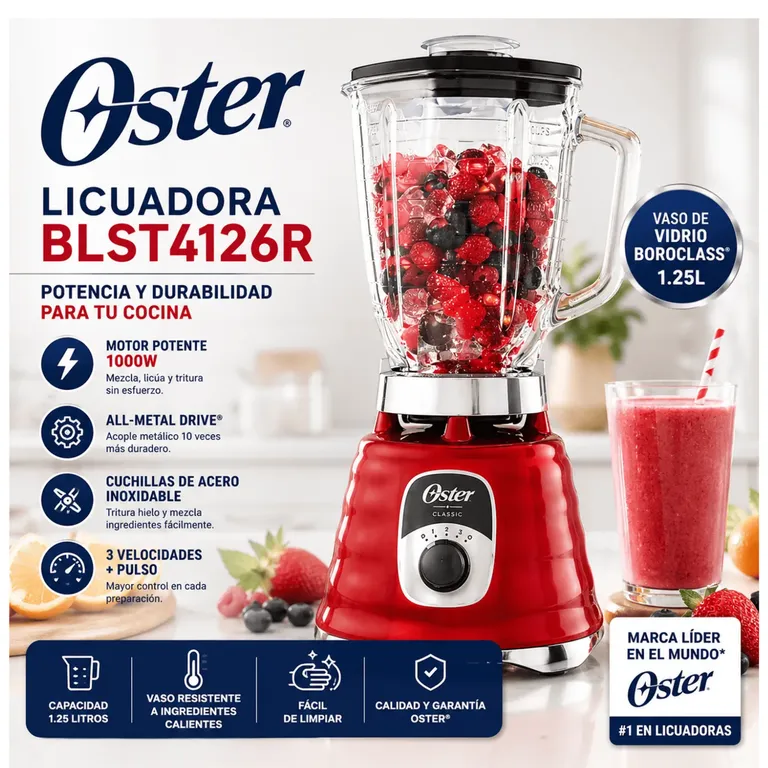 Licuadora BLST4126R 1.25L 3 Velocidades Vaso de Vidrio Boroclass 1000W Roja