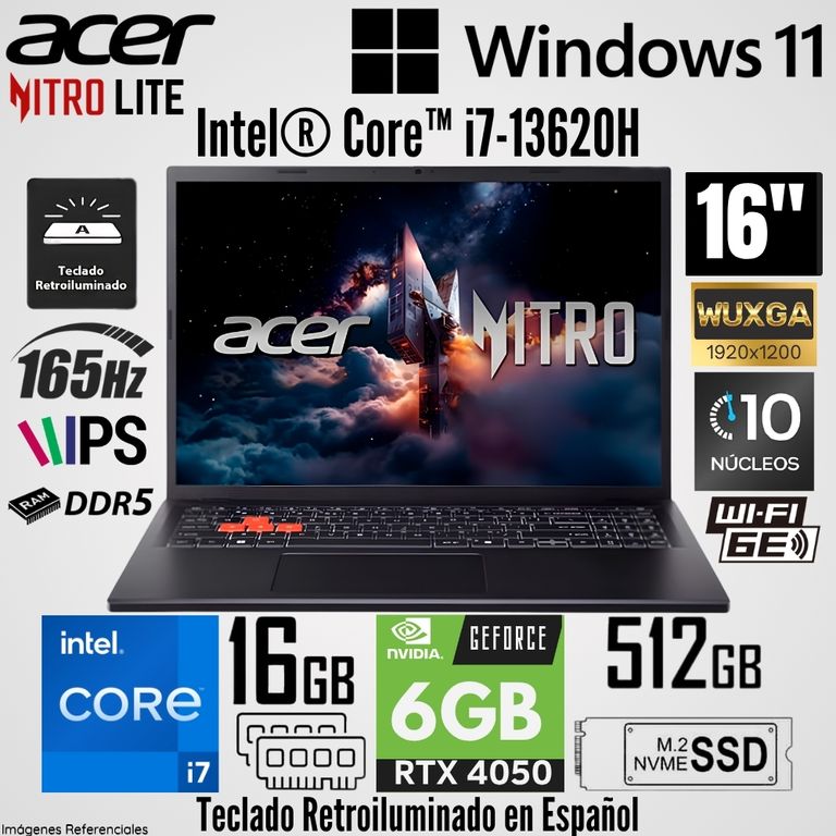 Laptop Nitro Lite Intel Core i7-13620H 16GB RAM 512GB SSD RTX 4050-6GB RAM 16" WUXGA 165 Hz