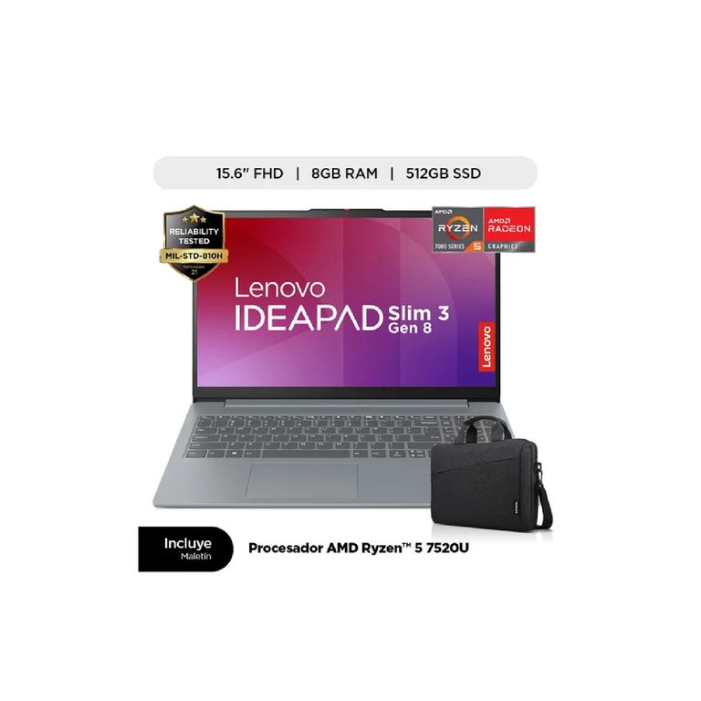 IdeaPad Slim 3 AMD Ryzen 5 7520U, 15.6" FHD, 8GB DDR5, SSD 512GB, Windows 11 Español, Gris artico, Maletin