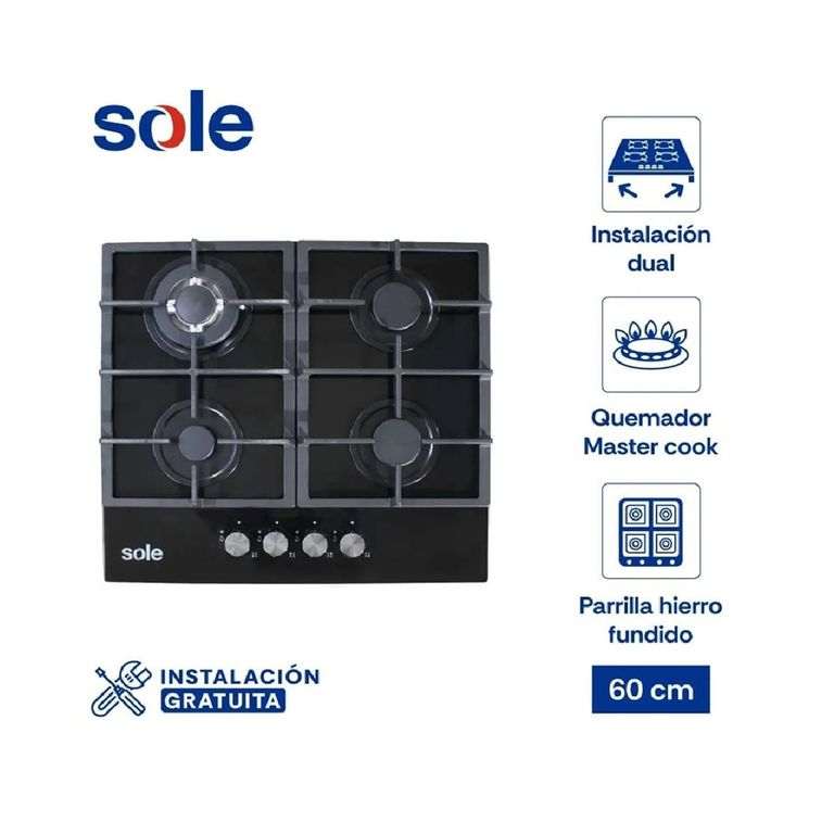 ENCIMERA VIDRIO TEMPLADO A GAS 60CM SOLCO045V2