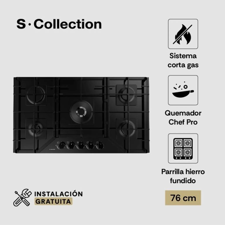 Encimera Vidrio Templado S-Collection A Gas 76cm SOLCO060