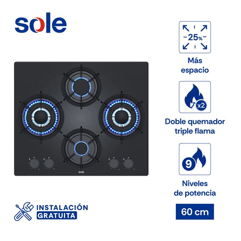 Encimera Rubí Pro Vidrio Templado A Gas 60 Cm 4 Hornillas 3120SOLCO081