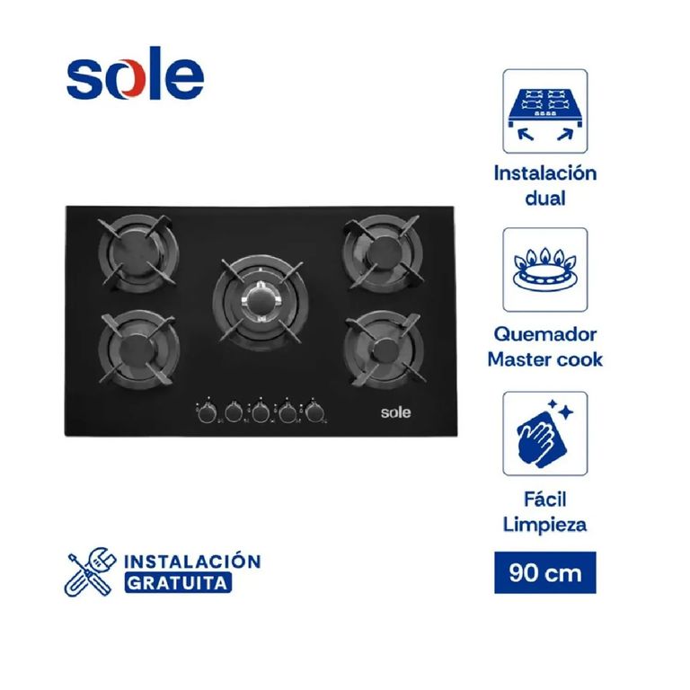 ENCIMERA VIDRIO TEMPLADO A GAS 90 CM 5 HORNILLAS SOLCO069