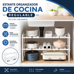 GENERICO - Estante Organizador De Cocina 2 Niveles Regulable 50 a 70 cm De Acero + ABS - Blanco