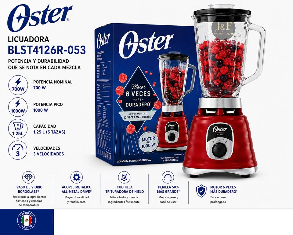 LICUADORA BLST4126R ROJO 3 VELOCIDADES TRITURA HIELO VASO BOROCLASS ACOPLE METALICO
