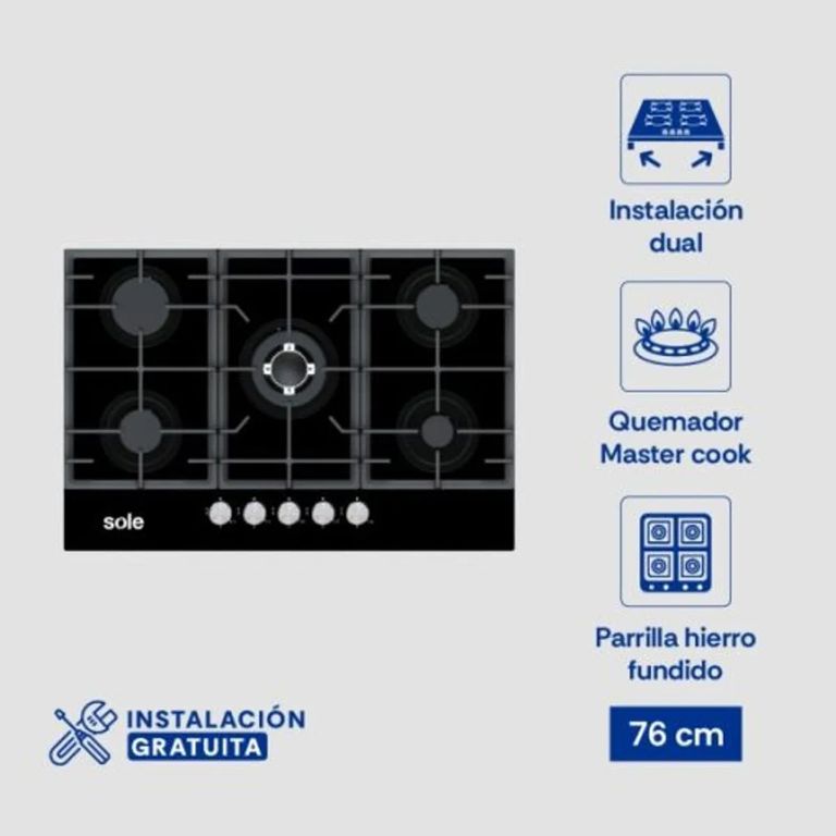 Encimera Vidrio Templado A Gas 77cm solco058