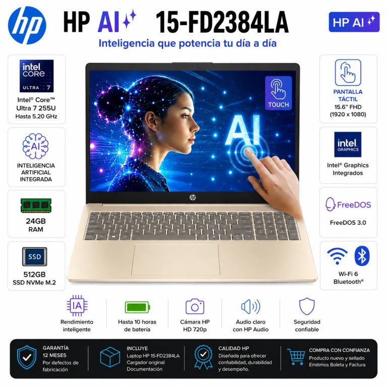 Laptop 15-FD2384LA Intel Core Ultra 7 255U 24GB RAM 512GB SSD 15.6" FHD Táctil - Dorado Cálido