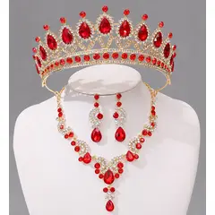 ARELYS - Set Corona Tiara Collar y Aretes Graduaciones Quinceañeros Rojo
