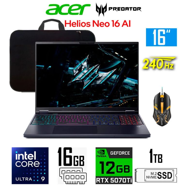 Laptop gamer Predator Helios Neo 16 AI Core Ultra 9 Nvidia RTX5070Ti Ram 16gb Ssd 1tb 16″ 240Hz
