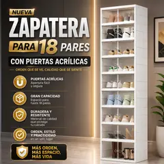 GENERICO - Zapatera Organizador Para 18 Pares Con Puertas Acrílicas Imantadas y Espacio para Botas - Blanco