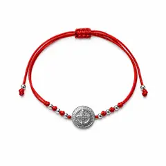 SANTORAL - Pulsera Cruz San Benito - Hilo Rojo y Plata
