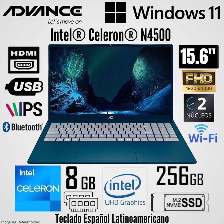 Laptop Intel Celeron N4500 8GB RAM 256GB SSD 15.6" FHD Blue - ADV-NV9857