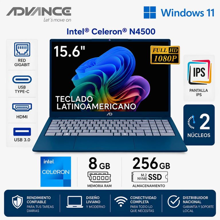Laptop NV9857 15.6 Intel Celeron N4500 8GB RAM 256GB SSD AZUL