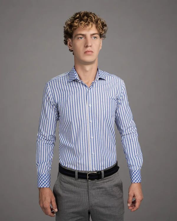 Camisa de Vestir Hombre - Azul - Detalle en el Cuello y Puño a Contraste