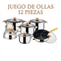 GENERICO - Juego de Ollas de Cocina 12 piezas Acero Inoxidable Kaisa Villa KV-1004 con Detalles Dorados