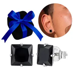 KARMY - Aretes Pegados Hombre Plata 950 Zircón Cuadrado Negro 10mm