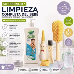 GENERICO - Kit Premium de Limpieza para Biberones - Limpiador Salvy 500 ml + Cepillos 5 en 1 para Tetinas Amarillo