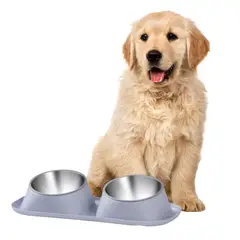 GENERICO - Plato DOBLE Antideslizante Ergonómico Antiderrame para Mascotas GRIS