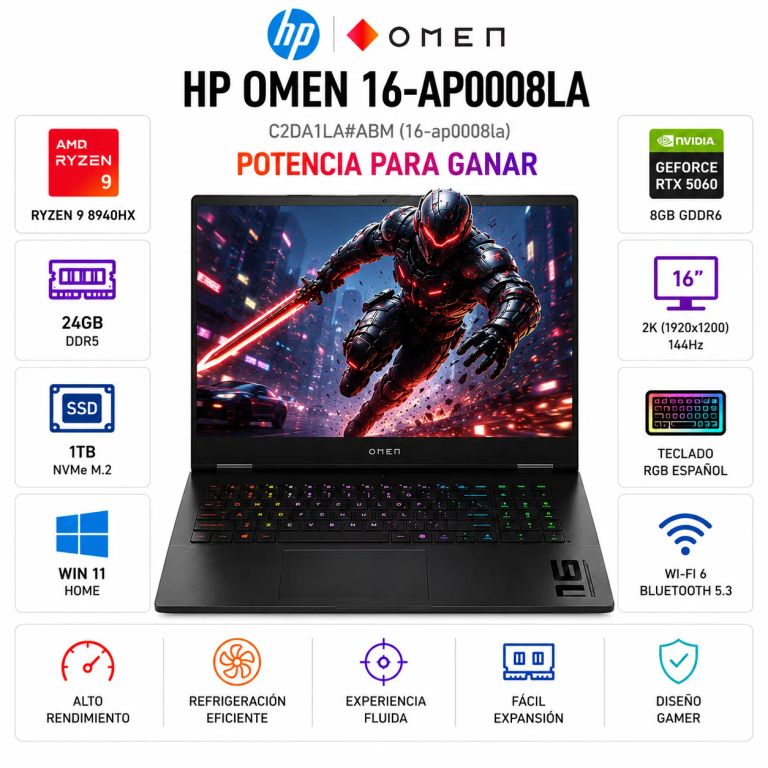 Laptop OMEN 16-AP0008LA AMD Ryzen 9 8940HX 24GB RAM 1TB RTX 5060 8GB 16" WUXGA W11H