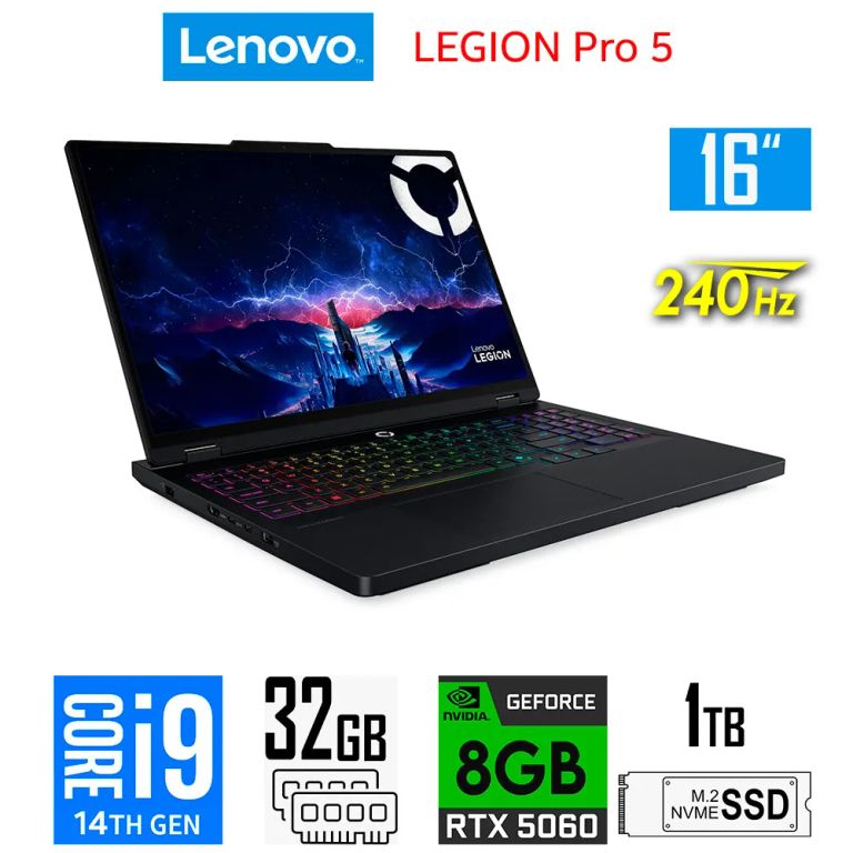 Laptop gamer Legion Pro 5 Core i9-14900hx Nvidia 8gb RTX5060 32gb Ram 1tb Ssd 16″ WQXGA 240Hz