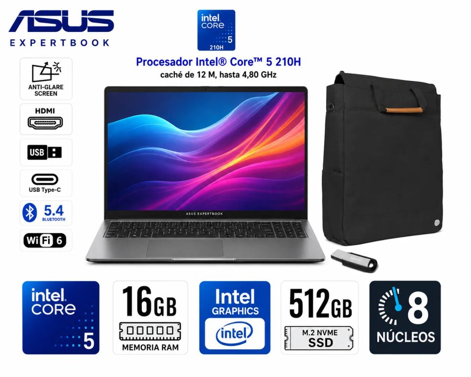 EXPERTBOOK Core 5 210H hasta 4.8GHz 15.6" FHD IPS, 16GB DDR5 SSD 512GB + TE-9031 + USB 32GB