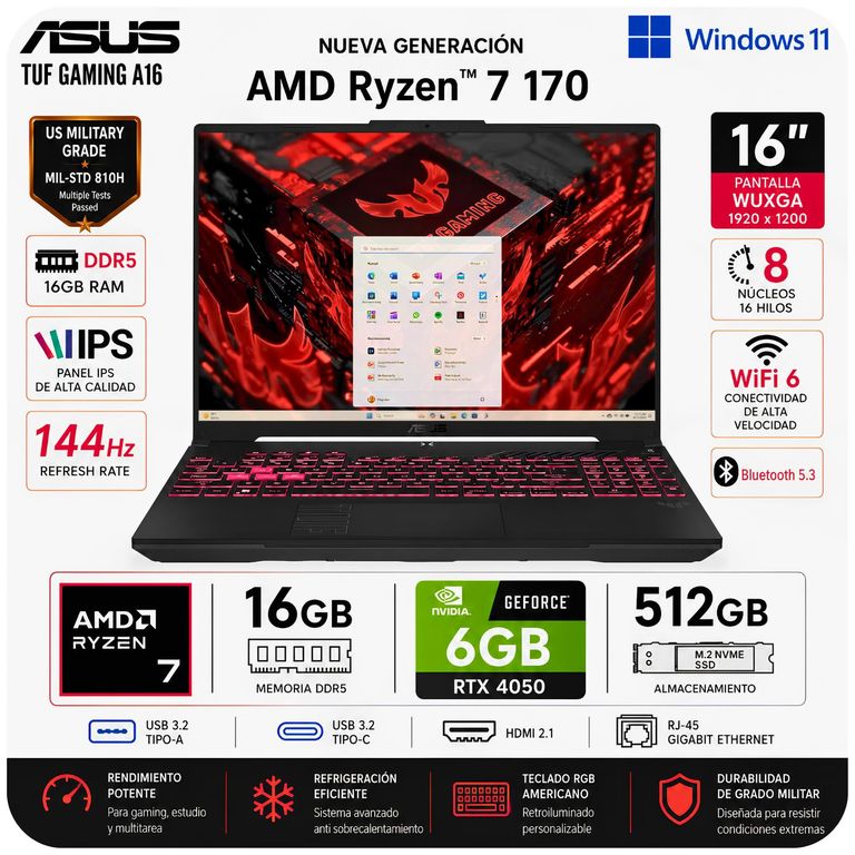 Laptop TUF A16 FA607NUQ-WS73 Ryzen 7 170 RTX 4050 6GB 16GB RAM 512GB SSD
