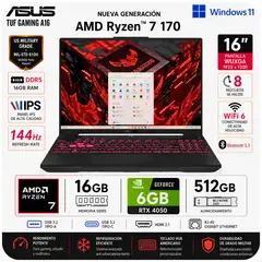 ASUS - Laptop TUF A16 FA607NUQ-WS73 Ryzen 7 170 RTX 4050 6GB 16GB RAM 512GB SSD
