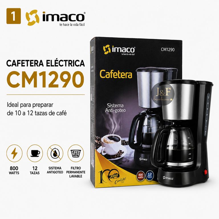 CAFETERA ELECTRICA 12 TAZAS CM1290 ANTIGOTEO 800W JARRA DE VIDRIO FILTRO PERMANENTE CUCHARA
