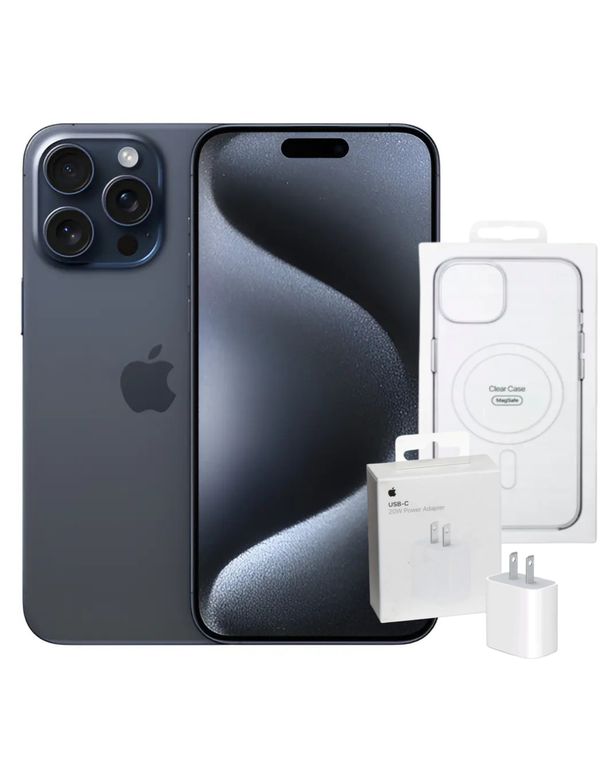 IPhone 15 Pro Max 256GB eSIM - Blue Titanium (Reacondicionado) + cubo de carga original 20watts + case protector