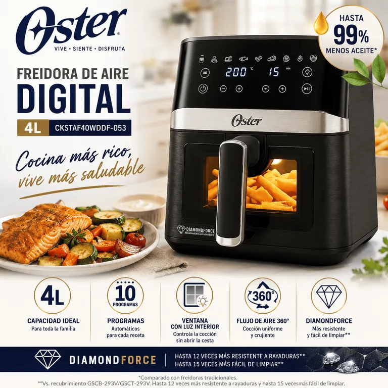 Freidora de Aire Digital DiamondForce 4L con Ventana y Luz Interna CKSTAF40WDDF