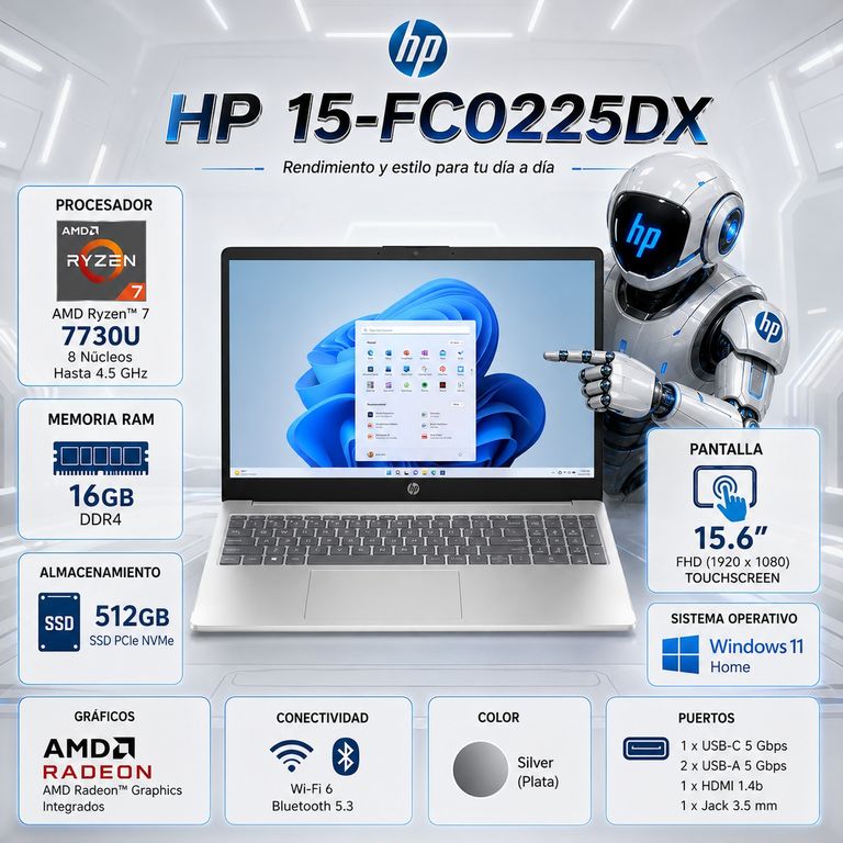 Laptop 15 Ryzen 7 7730U 16GB DDR4 512GB SSD 15.6" FHD Touch Win11 15-FC0225DX
