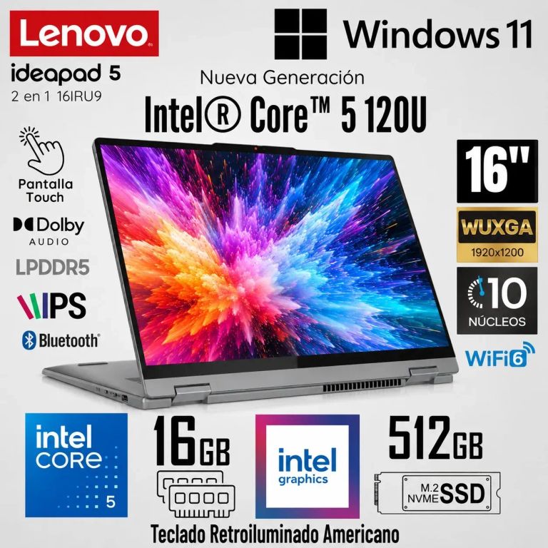 Laptop IdeaPad 5 2 en 1 16IRU9 Intel Core 5 120U 16GB RAM 512GB 16" WUXGA Táctil 83DU004VUS