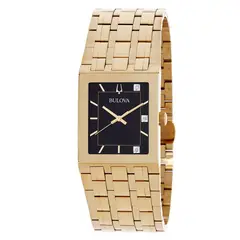 Bulova - Reloj Quadra Marc Anthony Hombre Dial Negro con Diamantes Caja Dorada Rectangular 30mm Cuarzo 97D132
