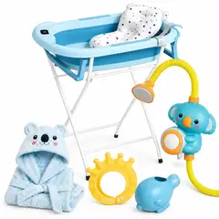 BABYPAL - Combo Bañera Plegable para Bebé con Parante y Accesorios Azul