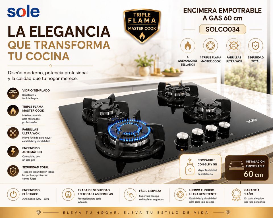 Encimera Empotrable SOLCO034 60 cm Vidrio Templado a Gas 4 Quemadores Triple Flama Ultra Wok