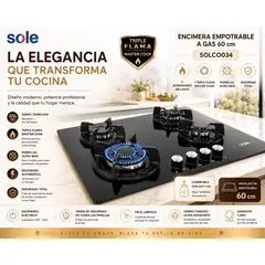 Sole - Encimera Empotrable SOLCO034 60 cm Vidrio Templado a Gas 4 Quemadores Triple Flama Ultra Wok