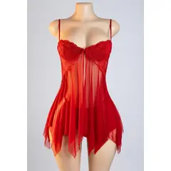 GENERICO - LENCERIA BABYDOLL ROJO DE ENCAJE Y TUL CON COPAS Y ESPALDA DESCUBIERTA CON HILO A JUEGO /TALLA S/M